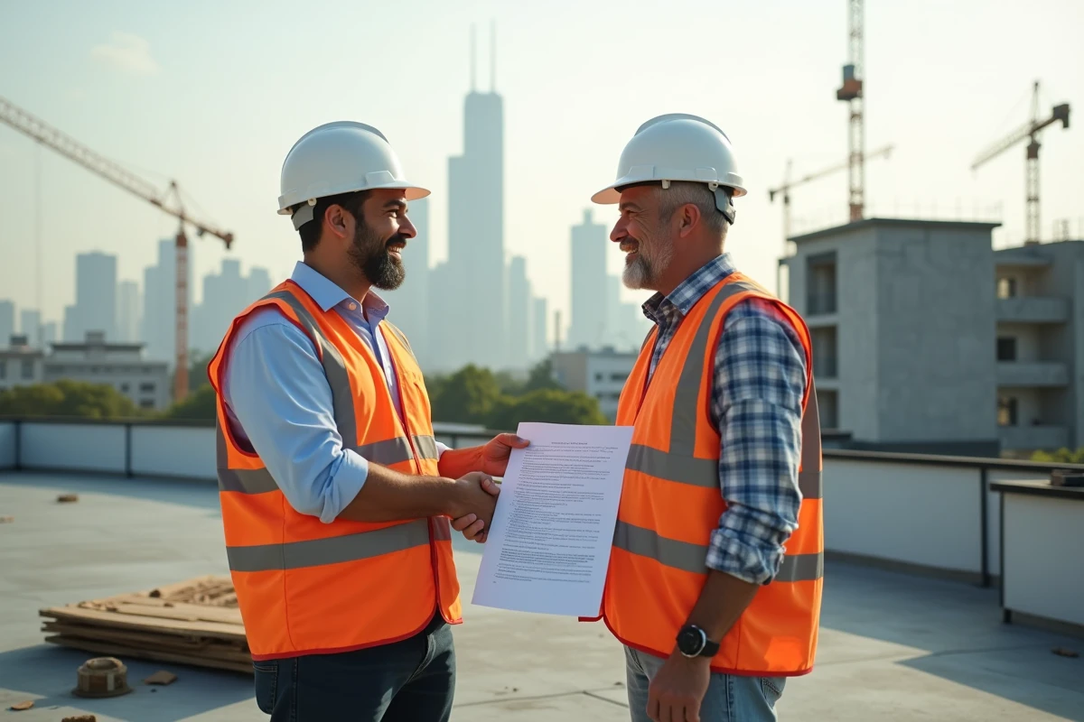 Deux professionnels du BTP signant un accord de devis multi-lots sur un chantier de rénovation en toiture urbaine