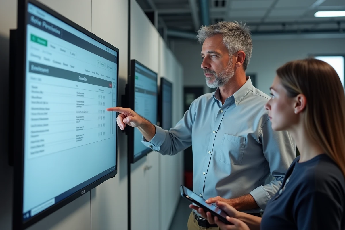 Administrateur IT configurant les droits d'accès employés sur un panneau de gestion RH mural