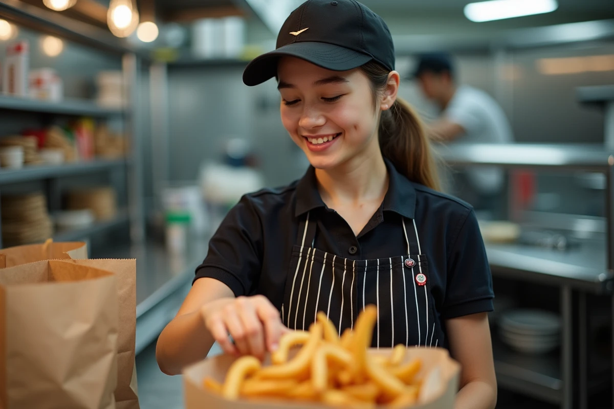 Adolescente de 16 ans en uniforme de fast-food préparant des commandes en cuisine
