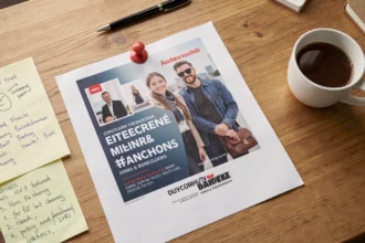 Affiche publicitaire annotée sur un bureau de travail