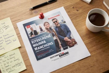 Affiche publicitaire annotée sur un bureau de travail
