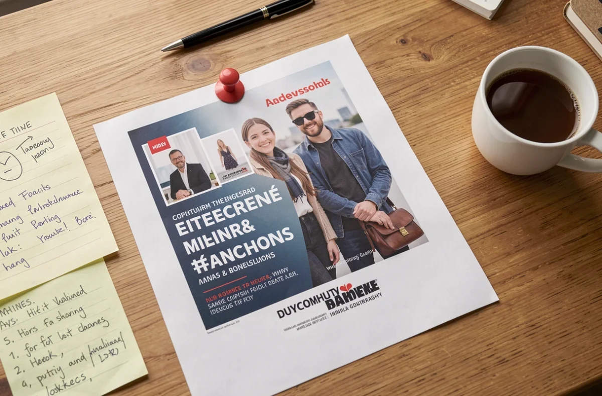 Affiche publicitaire annotée sur un bureau de travail