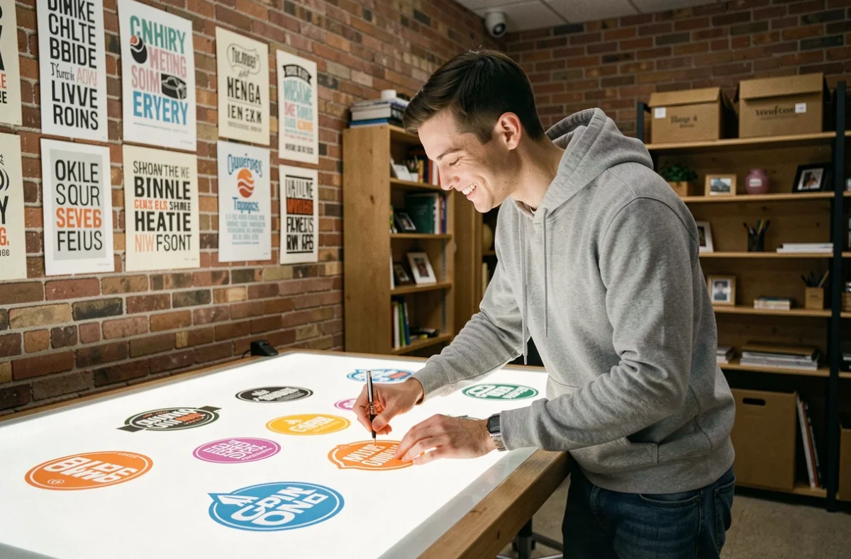Jeune graphiste de l'agence ABC Com arrangeant des concepts de logos colorés sur une table lumineuse dans un studio créatif