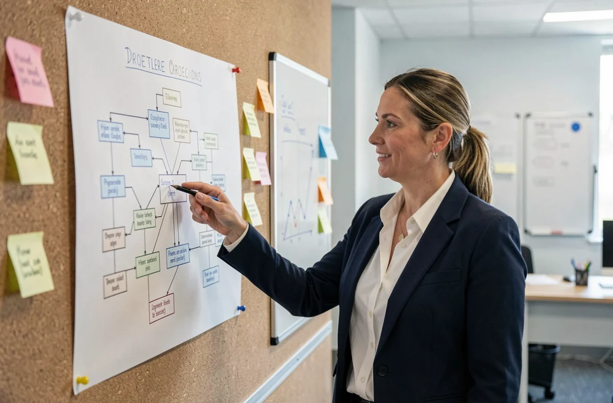 Chef de projet féminine de l'Agence BCD présentant une architecture de site web sur un tableau de liège dans un espace de travail collaboratif