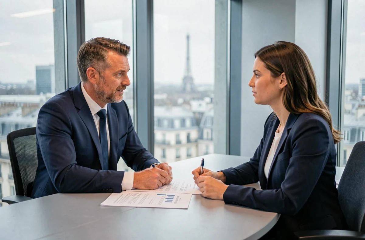 Entretien professionnel dans les bureaux modernes de l'agence Adecco à Paris