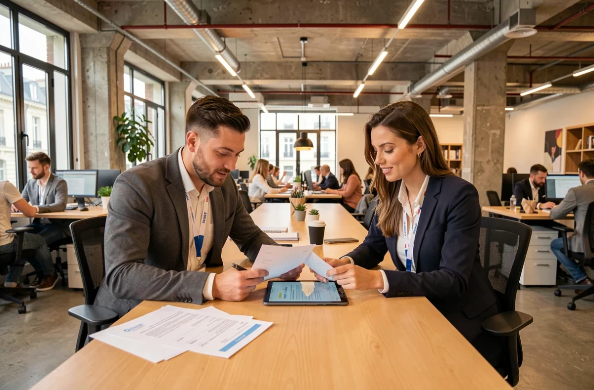 Deux recruteurs d'Adéquat Intérim et Recrutement travaillant ensemble dans leur agence parisienne