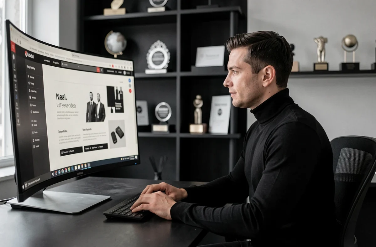 Designer web masculin en col roulé noir travaillant sur une identité de marque haut de gamme dans un bureau épuré pour l'agence Oscar Black