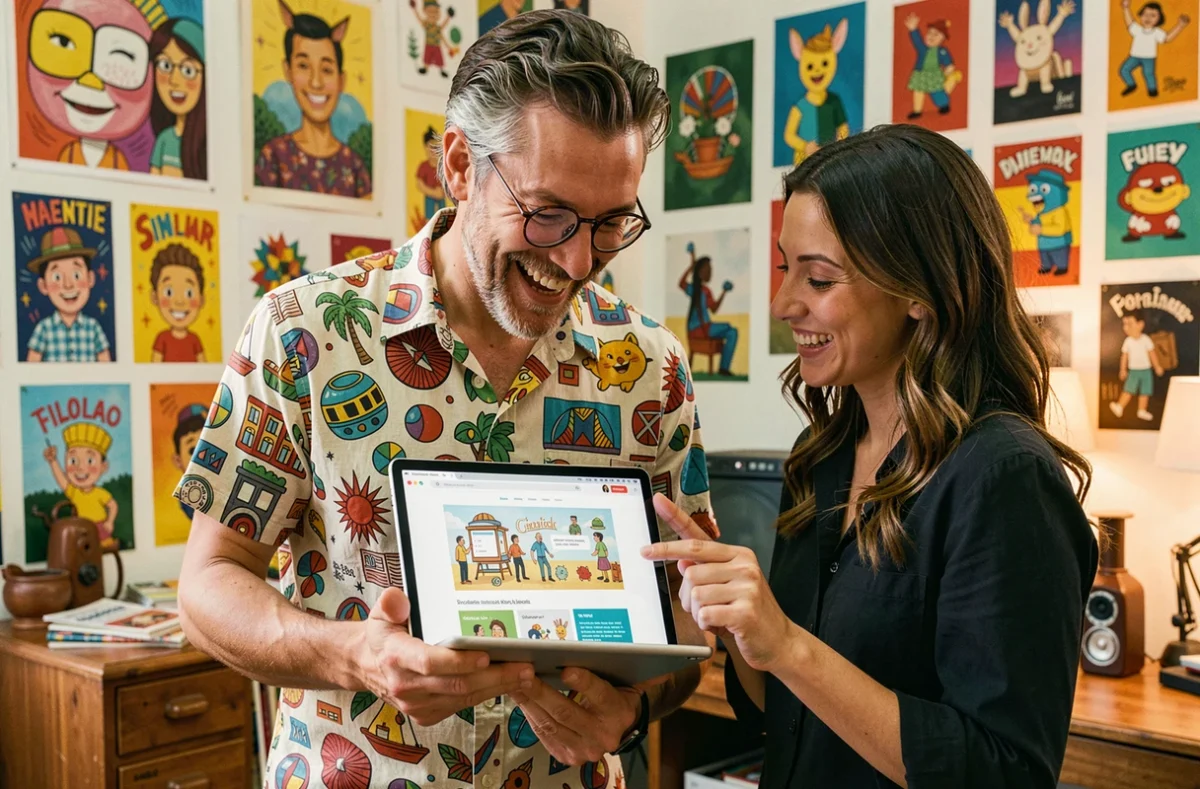 Directeur créatif de l'Agence Second Degré riant avec une collègue en révisant un concept de site web illustré dans un studio coloré et décalé