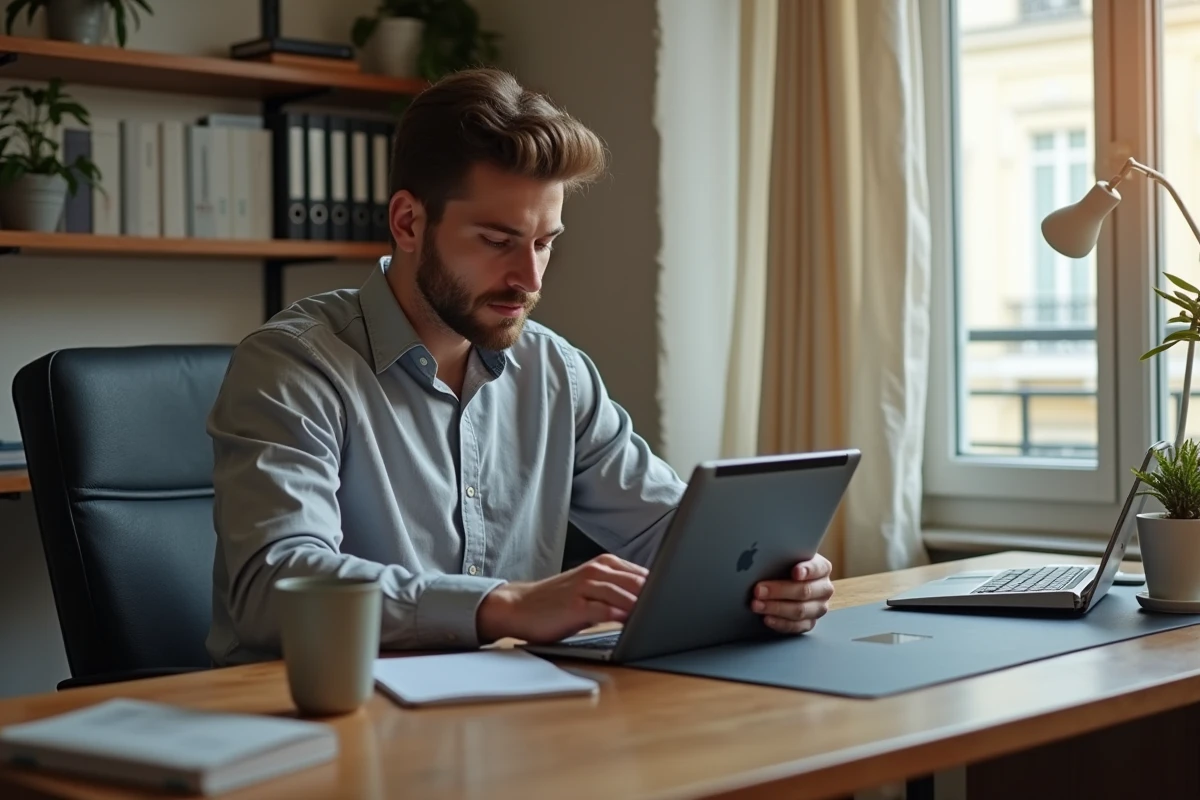 Agent municipal parisien en télétravail utilisant Nomade depuis son bureau à domicile avec une tablette