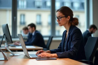 Agente de la Ville de Paris utilisant le portail Nomade sur son ordinateur portable dans un bureau administratif moderne