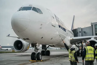 Avion Airbus en maintenance sur le tarmac d'un aéroport international, équipe au sol inspectant le fuselage au petit matin