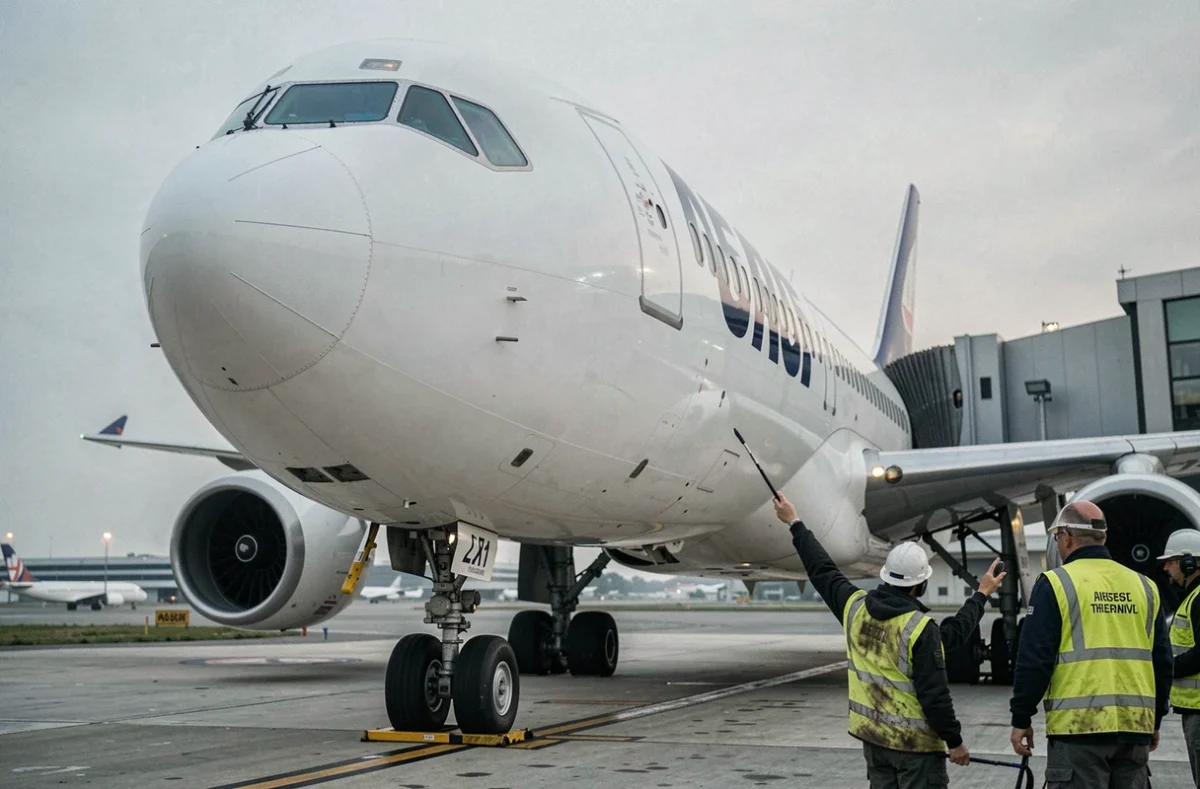 Avion Airbus en maintenance sur le tarmac d'un aéroport international, équipe au sol inspectant le fuselage au petit matin