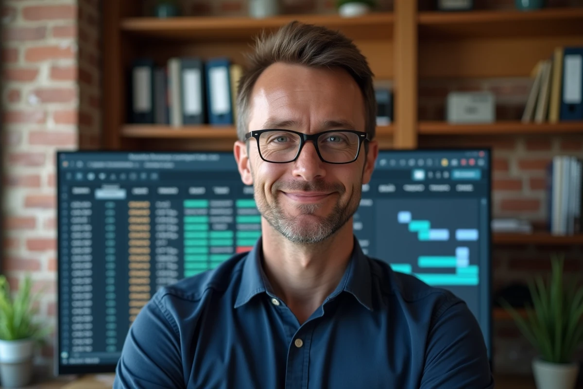 Homme avec lunettes analysant un tableau Excel des jours ouvrables 2026 avec ponts surlignés dans un bureau à domicile