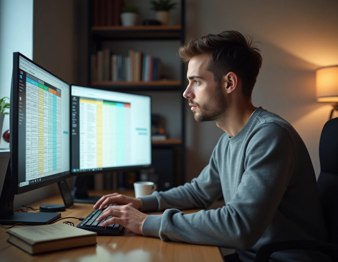 Jeune homme analysant un tableau de marketing mix sur ordinateur dans un bureau à domicile