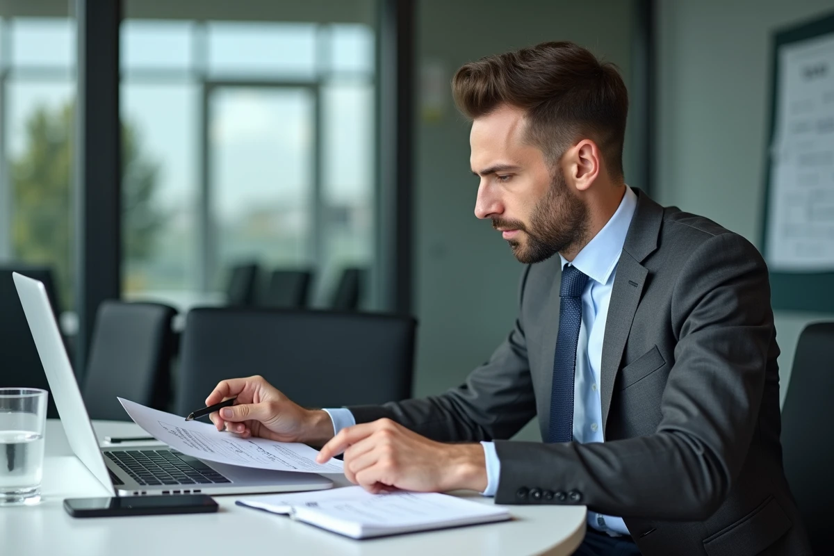 Homme d'affaires analysant le prix d'un abonnement réseau professionnel B2B sur ordinateur et document imprimé