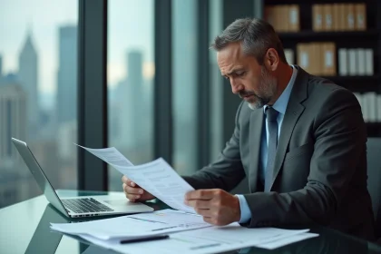 Analyste financier en costume examinant des documents d'investissement dans un bureau moderne avec vue sur la ville
