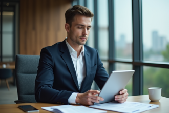 Jeune analyste financier en costume dans un bureau moderne