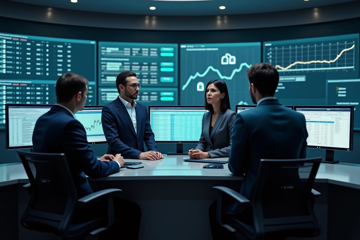 Groupe d analystes financiers dans une salle de contr&ocirc;le