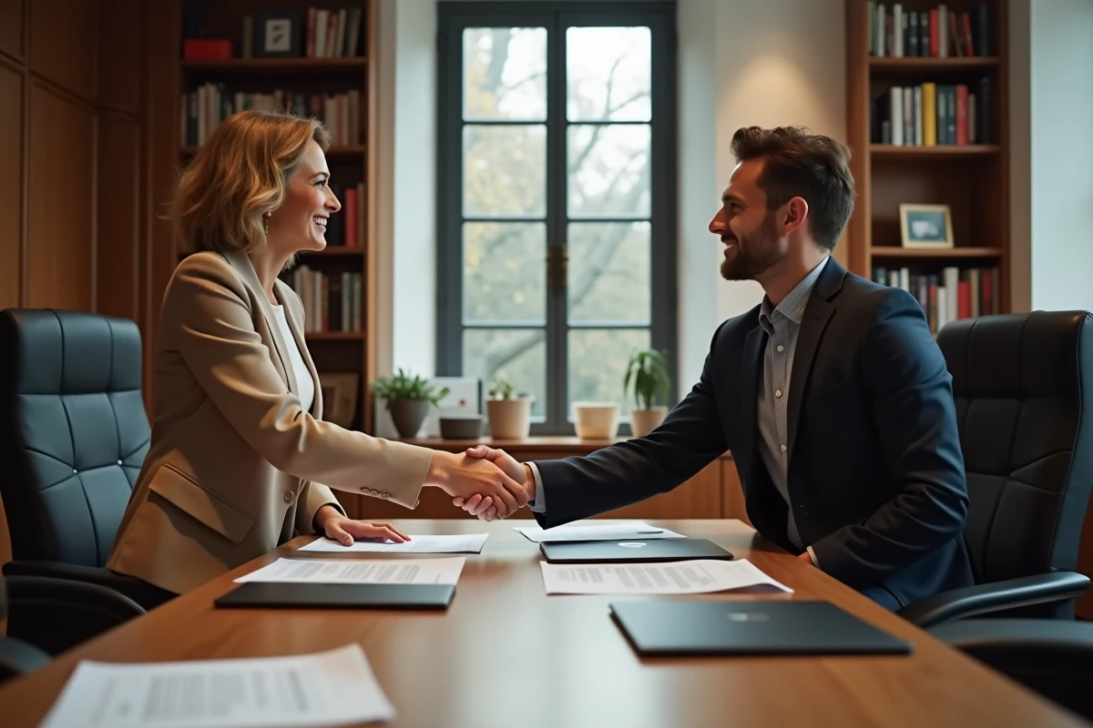 Poignée de main entre une apporteuse d'affaires et un client lors de la signature d'un contrat commercial dans un bureau privé