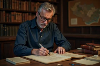 Archiviste examinant un manuscrit ancien pour décrypter l'origine mystérieuse d'un nom historique dans une bibliothèque