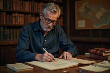 Archiviste examinant un manuscrit ancien pour décrypter l'origine mystérieuse d'un nom historique dans une bibliothèque