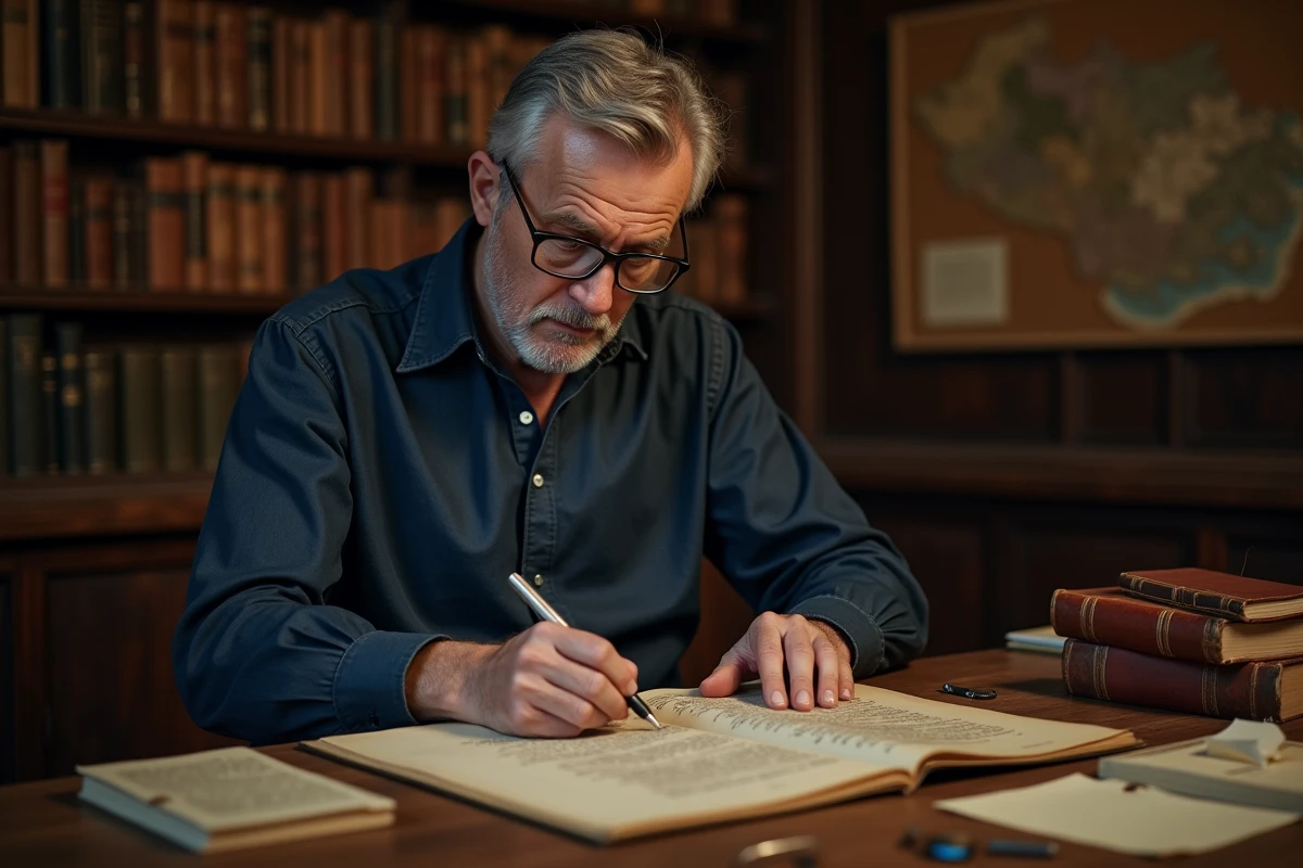 Archiviste examinant un manuscrit ancien pour décrypter l'origine mystérieuse d'un nom historique dans une bibliothèque