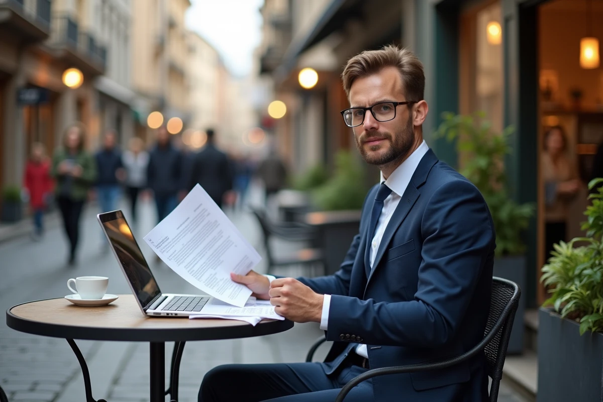 Jeune auditeur en reconversion professionnelle travaillant dans un caf&eacute; parisien apr&egrave;s avoir quitt&eacute; un cabinet Big 4
