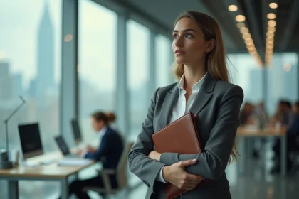 Auditrice Big 4 debout pr&egrave;s d'une fen&ecirc;tre de bureau contemplant sa carri&egrave;re apr&egrave;s 3 ans d'exp&eacute;rience