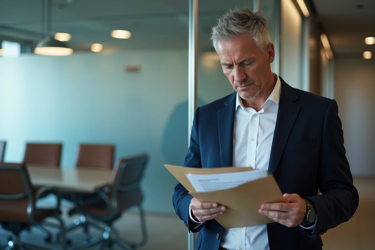 Avocat en droit du travail tenant un dossier de contrat CDI dans un couloir de cabinet juridique