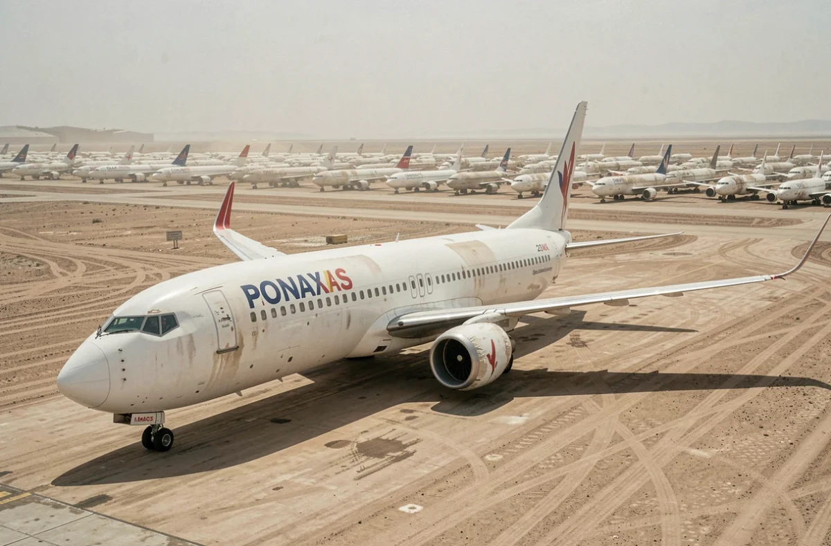 Flotte d'avions Boeing en stockage dans le désert pendant la crise sanitaire, rangées d'appareils immobilisés sur un aérodrome aride