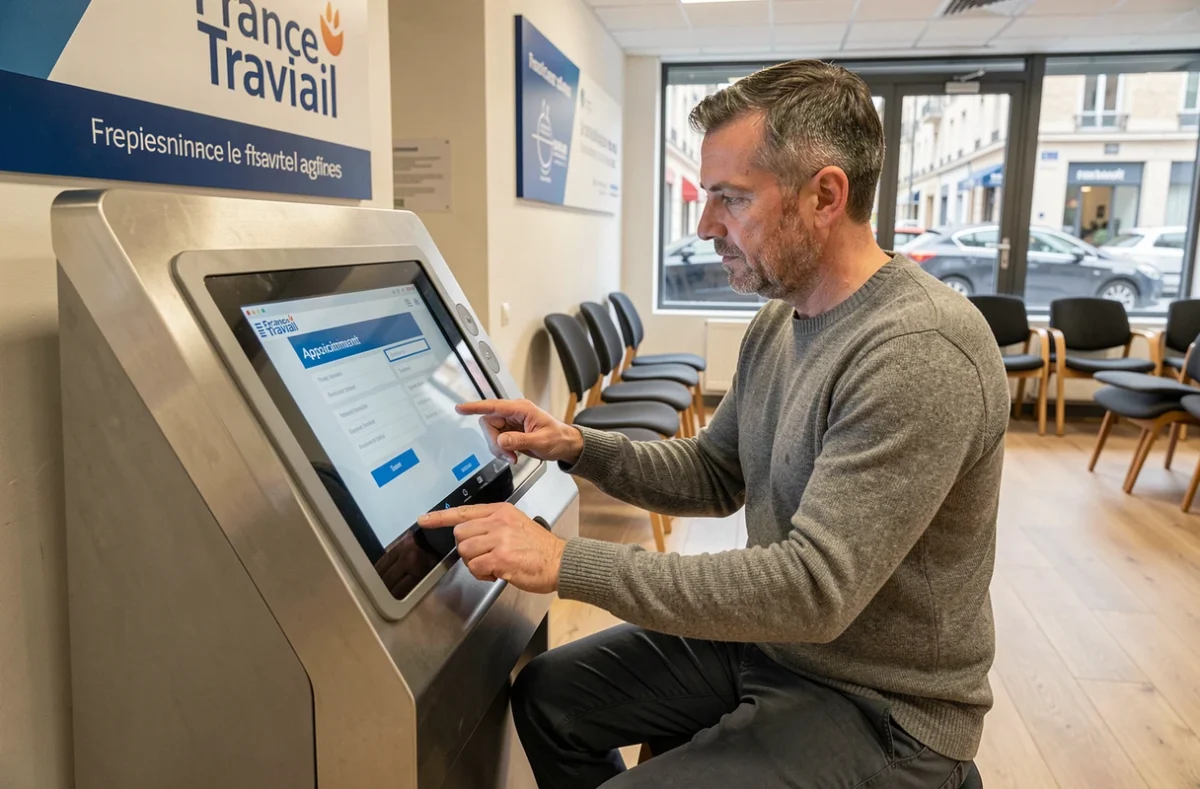 Demandeur d'emploi utilisant une borne numérique pour prendre un rendez-vous France Travail en agence