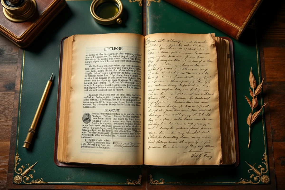Vue aérienne d'un bureau antique avec dictionnaire étymologique et lettre manuscrite évoquant un nom mystérieux et ancien