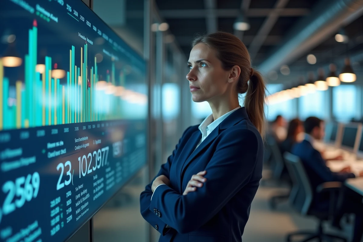 Femme cadre analysant des donn&eacute;es financi&egrave;res sur grand &eacute;cran dans un bureau fintech moderne avec expression de prudence