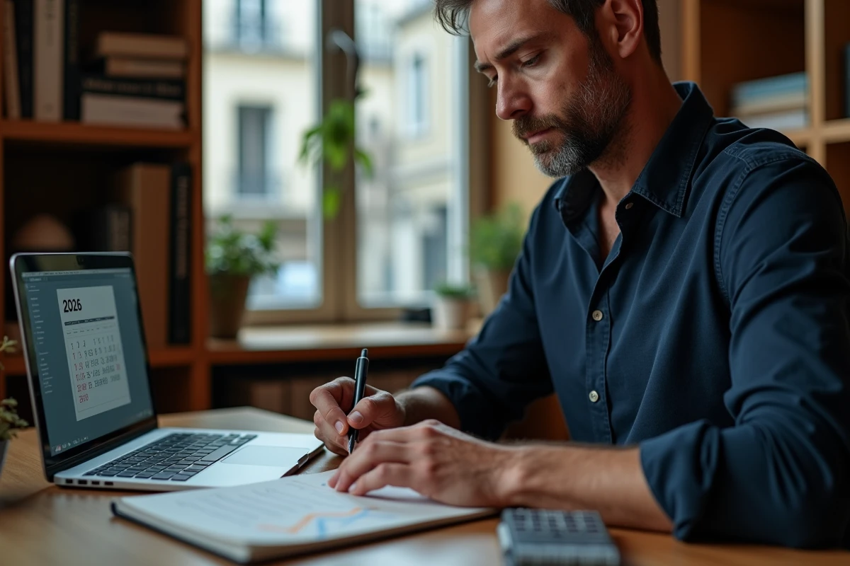 Homme calculant des jours ouvrables français sur un ordinateur portable avec des notes manuscrites à son bureau à domicile en 2026