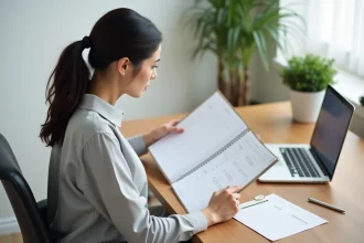 Femme consultant un calendrier annuel pour calculer ses jours travaillés en 2026