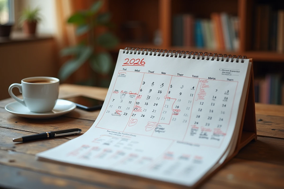 Calendrier de bureau 2026 annoté à la main pour le calcul des jours travaillés et jours fériés