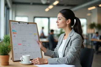 Femme en blazer gris consultant un calendrier 2026 avec jours fériés surlignés dans un bureau moderne