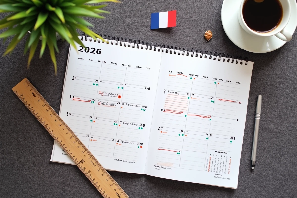 Vue de dessus d'un calendrier français 2026 avec des jours ouvrables annotés et des jours fériés entourés au marqueur rouge