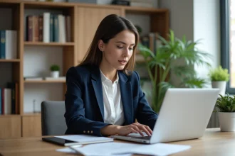 Femme professionnelle consultant une bourse emploi notaires en ligne sur son ordinateur portable dans un bureau à domicile moderne