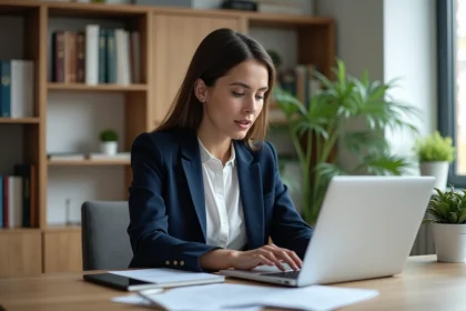 Femme professionnelle consultant une bourse emploi notaires en ligne sur son ordinateur portable dans un bureau à domicile moderne