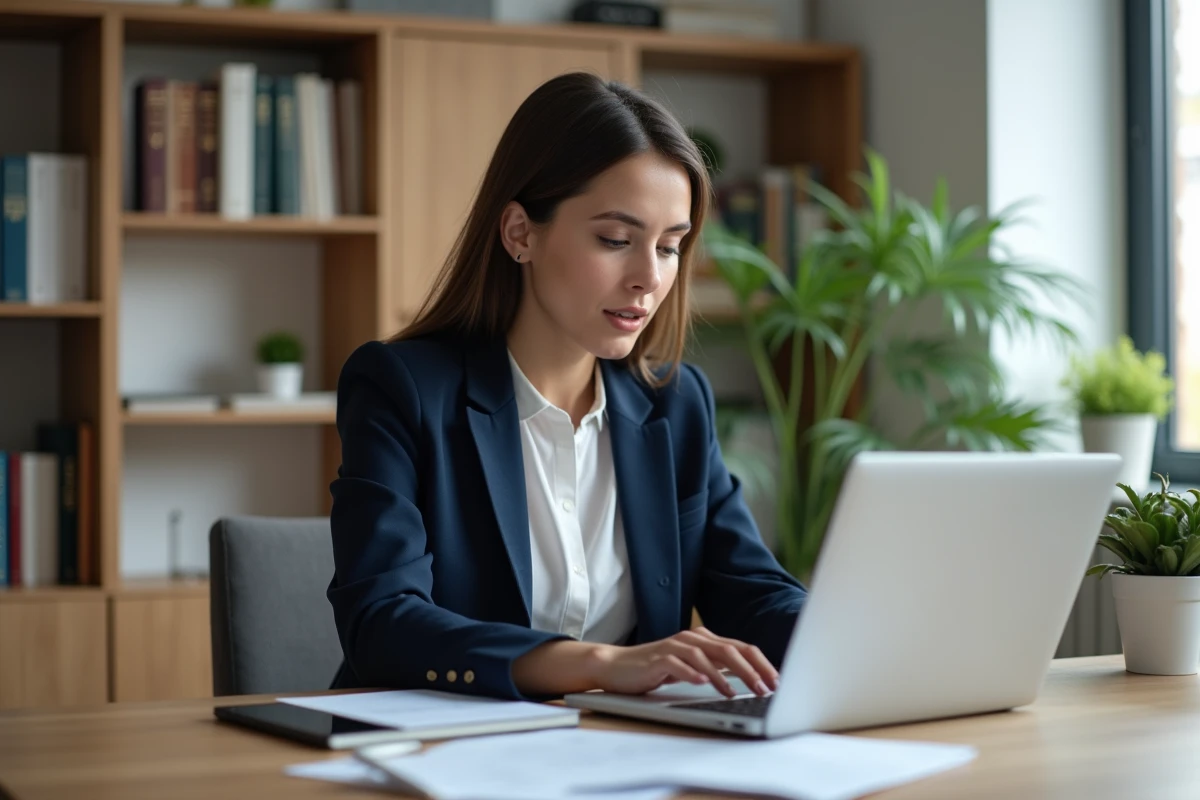 Femme professionnelle consultant une bourse emploi notaires en ligne sur son ordinateur portable dans un bureau à domicile moderne