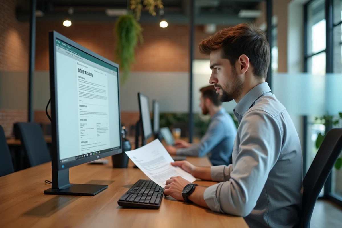 Jeune homme candidatant à une offre d'emploi notaire en ligne depuis un espace de coworking moderne