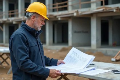 Chef de chantier BTP analysant un devis multi-lots sur un grand chantier de construction avec plans et documents