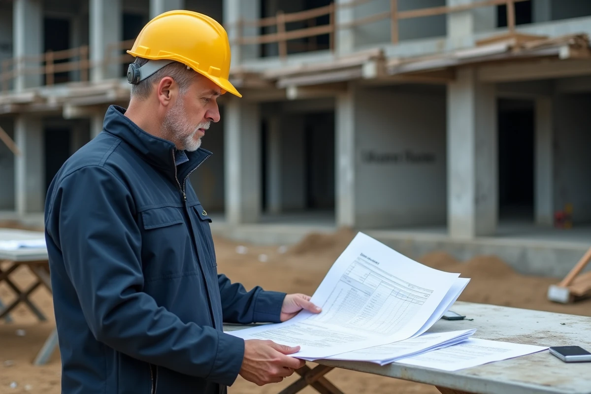 Chef de chantier BTP analysant un devis multi-lots sur un grand chantier de construction avec plans et documents