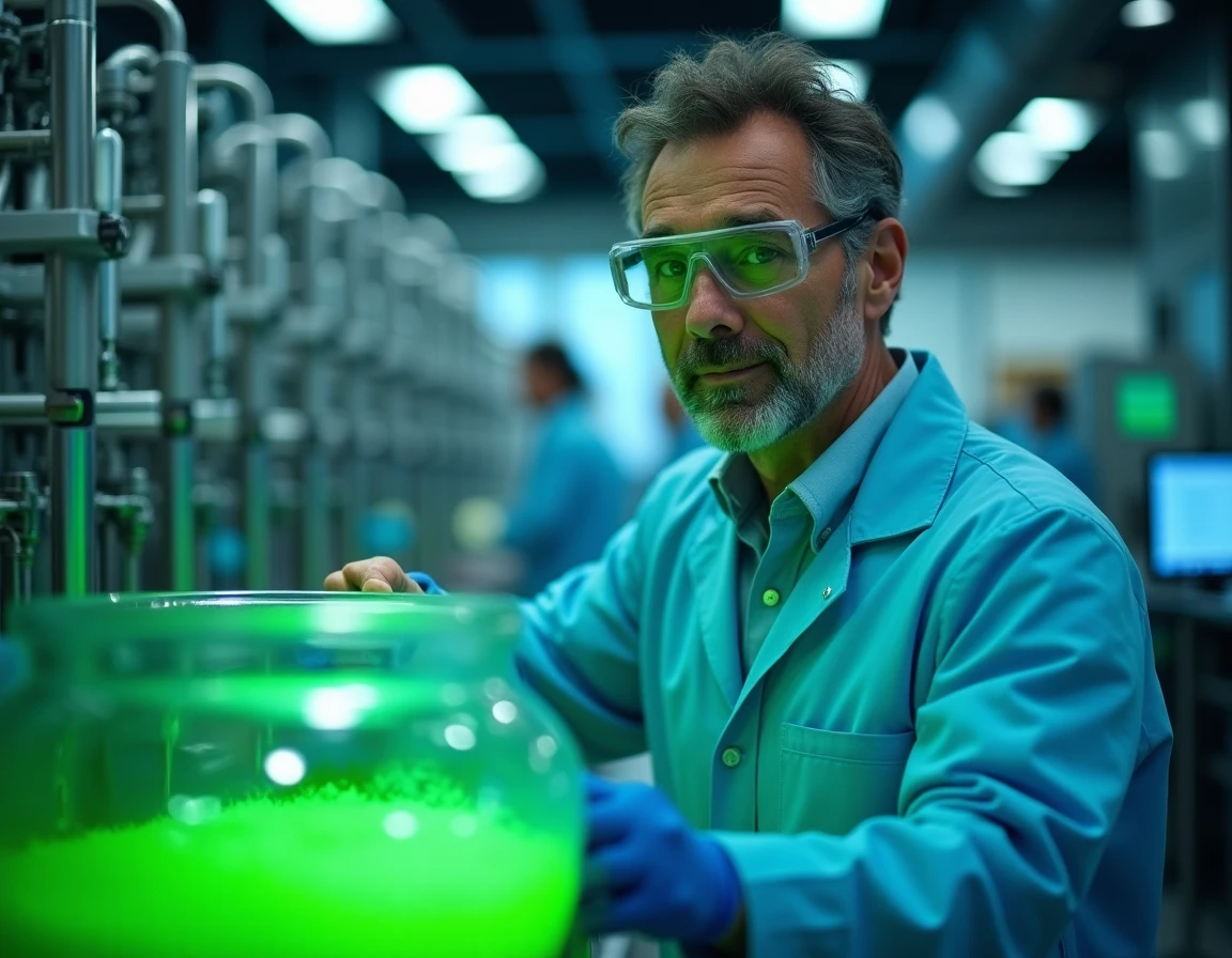 Chercheur analysant un bioréacteur à algues dans un laboratoire d'innovation environnementale et d'éco-industries