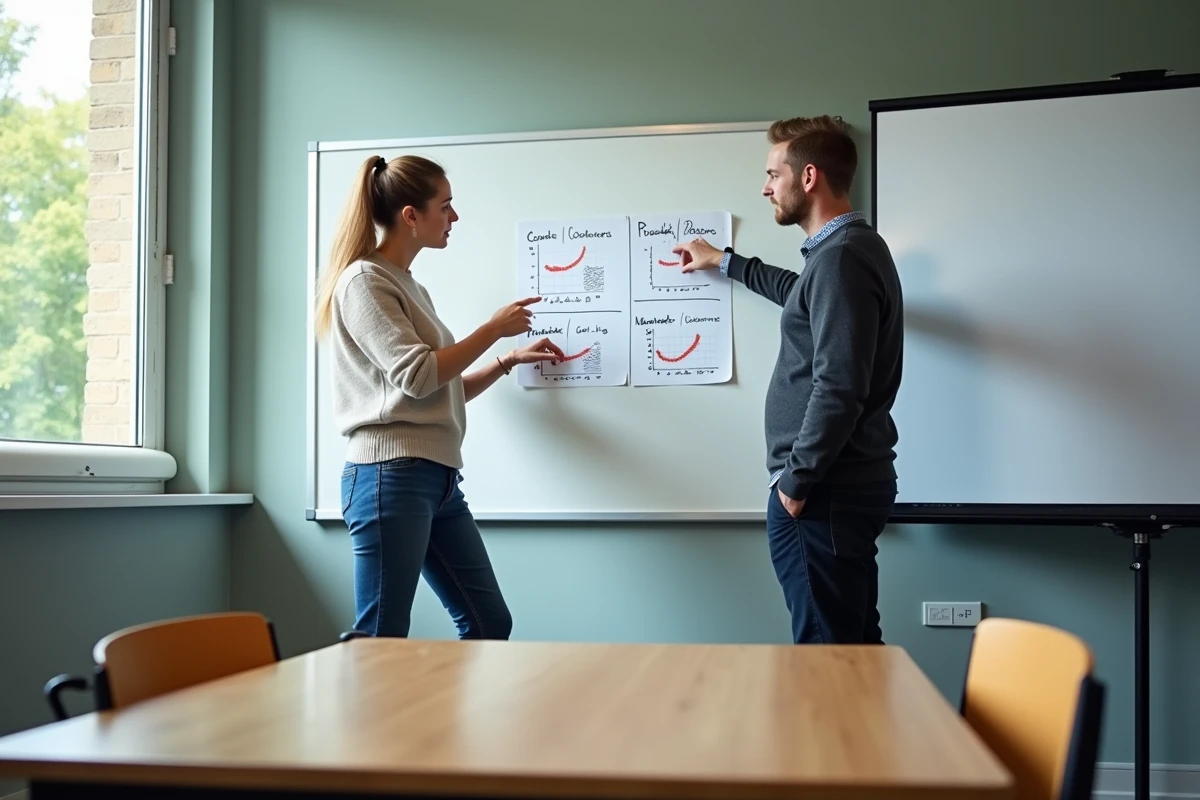 Deux chercheurs CNRS discutant des différences de salaire entre Paris et la province devant un tableau blanc dans une salle de réunion académique