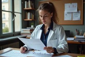 Chercheuse CNRS à Paris comparant des grilles salariales dans un bureau universitaire avec vue sur les toits haussmanniens
