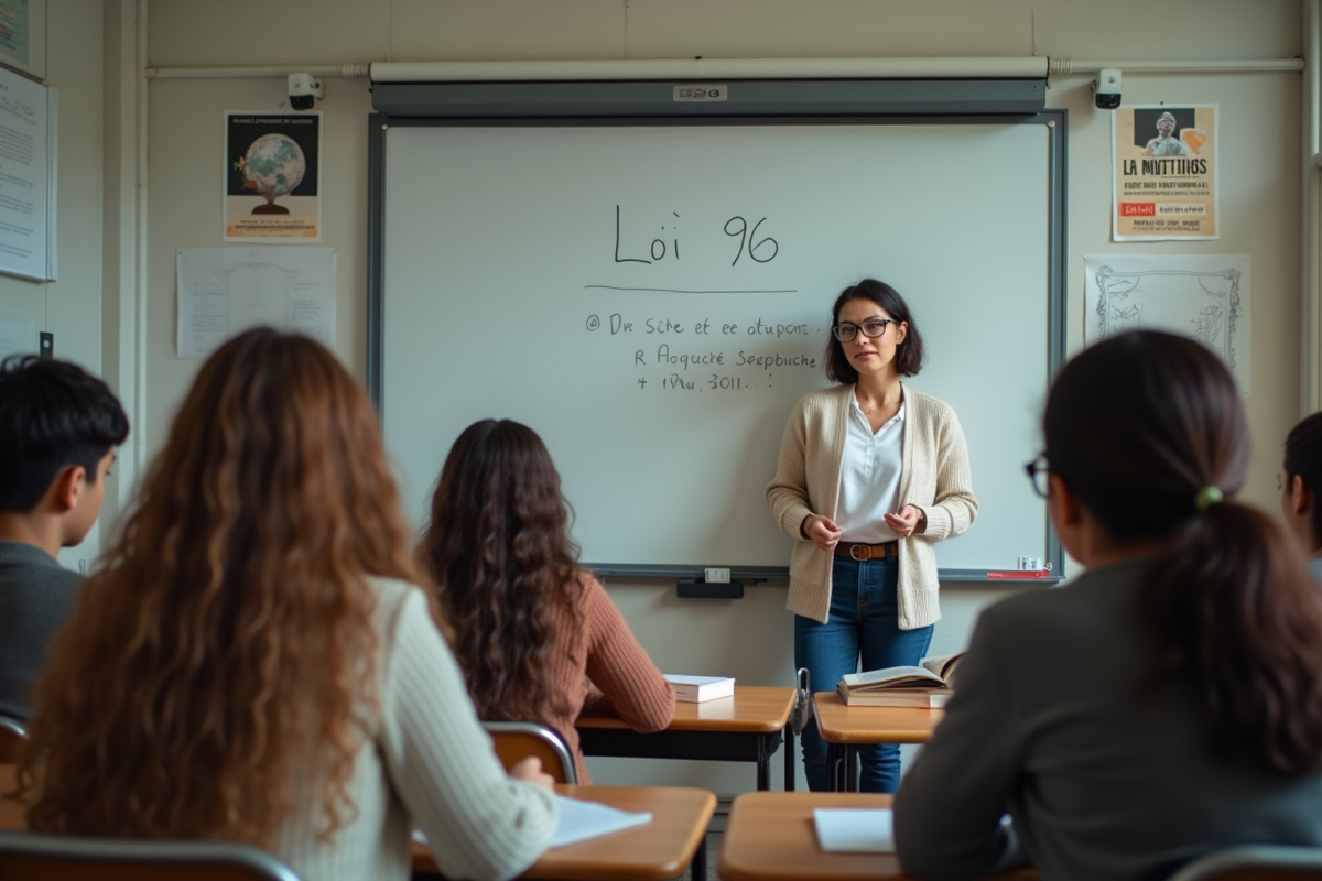 Professeure et élèves dans une classe québécoise avec la loi 96 au tableau
