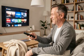 Un homme d'une cinquantaine d'années satisfait naviguant sur une offre de streaming depuis son salon moderne et cosy