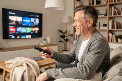 Un homme d'une cinquantaine d'années satisfait naviguant sur une offre de streaming depuis son salon moderne et cosy